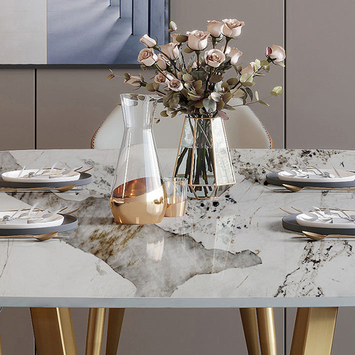 Mesa de comedor de piedra sinterizada de lujo tradicional mesa rectángulo con base de caballete dorado