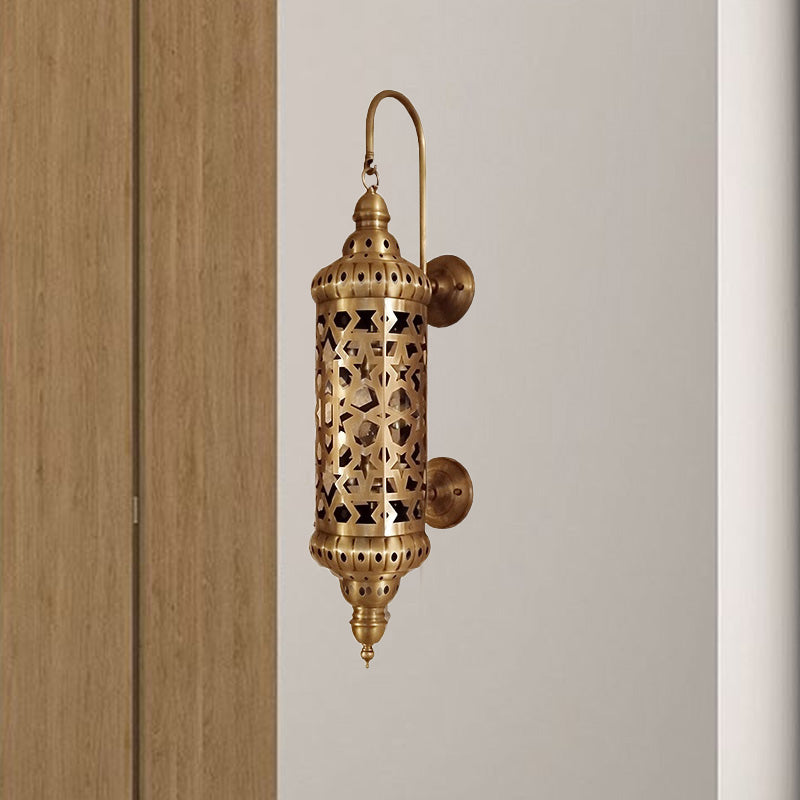Metal Brass Sconce Light Fixture Cylinder 1-Light Arab Wall Mounted Ceiling Lamp with Hollow Out Design