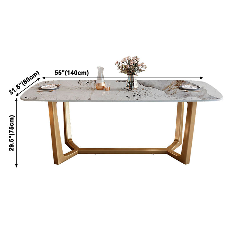 Mesa de comedor de piedra sinterizada de lujo tradicional mesa rectángulo con base de caballete dorado