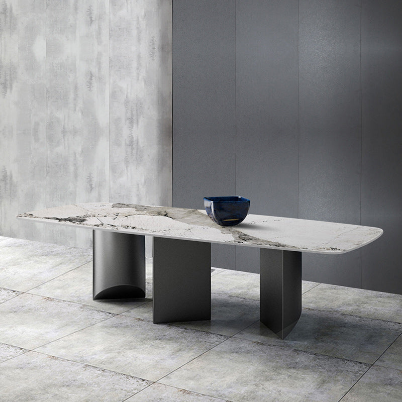 Sintered Stone Top Dining Table Rectangle Table with Grey Metal Base and Double Pedestal