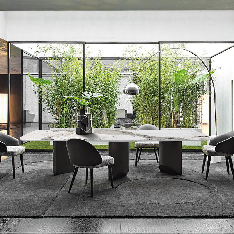 Sintered Stone Top Dining Table Rectangle Table with Grey Metal Base and Double Pedestal
