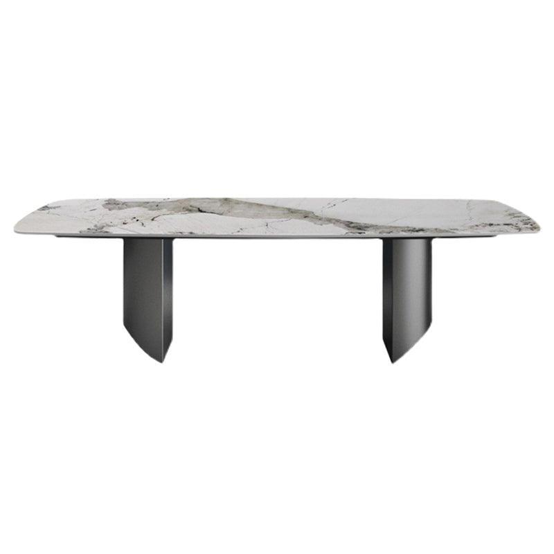 Sintered Stone Top Dining Table Rectangle Table with Grey Metal Base and Double Pedestal