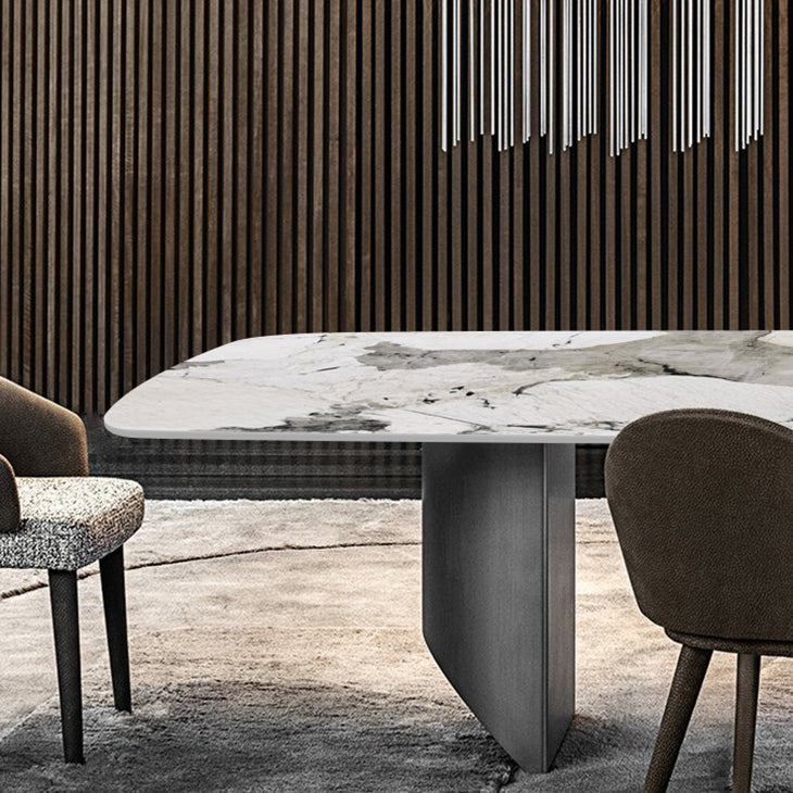 Sintered Stone Top Dining Table Rectangle Table with Grey Metal Base and Double Pedestal