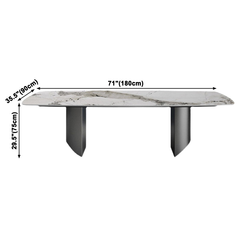 Sintered Stone Top Dining Table Rectangle Table with Grey Metal Base and Double Pedestal
