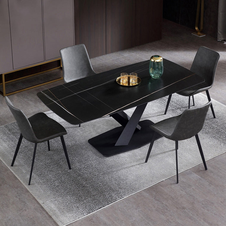 Table à manger rectangle de pierre noire noire table de cuisine industrielle avec base de piédestal