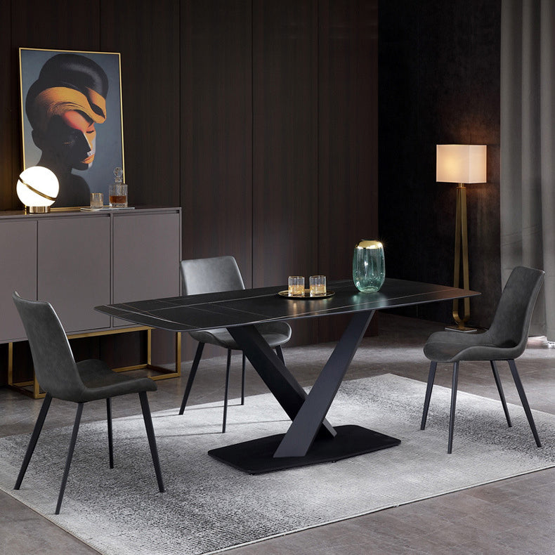 Table à manger rectangle de pierre noire noire table de cuisine industrielle avec base de piédestal