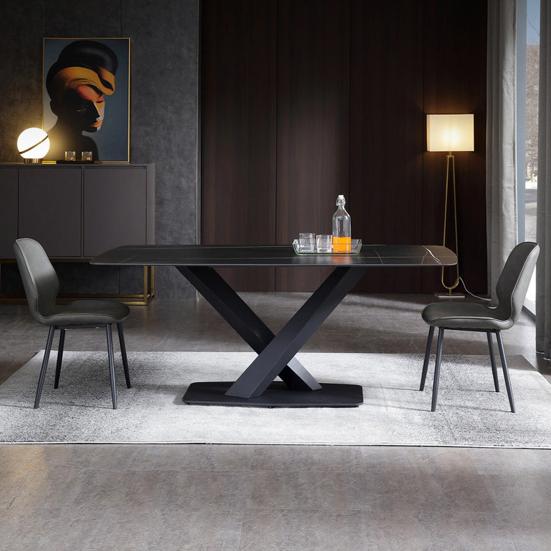 Table à manger rectangle de pierre noire noire table de cuisine industrielle avec base de piédestal