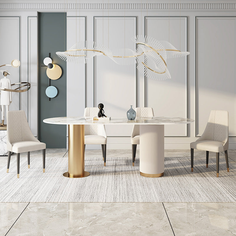Traditional Luxury Sintered Stone Top Dining Table in White Oval Table with Double Pedestal