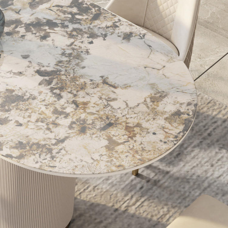 Traditional Luxury Sintered Stone Top Dining Table in White Oval Table with Double Pedestal