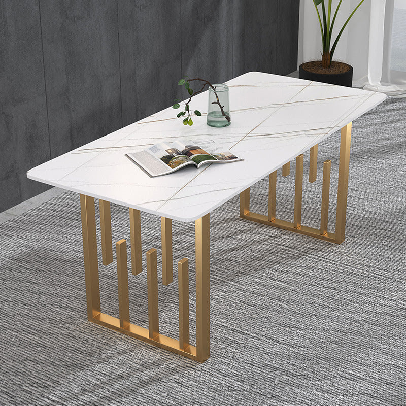 Traditionele luxe rechthoekige eettafel Gesinterde stenen tafel met dubbel voetstuk