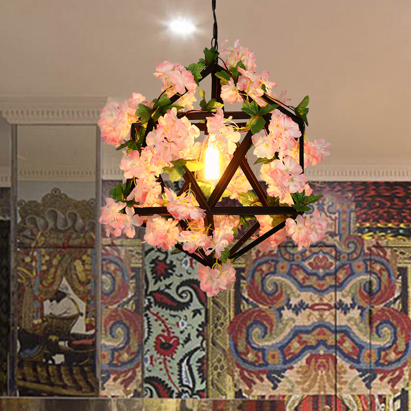 10.5 "/15" W 1 cabezal de techo de metal de metal antiguo rosa/verde restaurante geométrico liderado con iluminación con planta/flor de cerezo