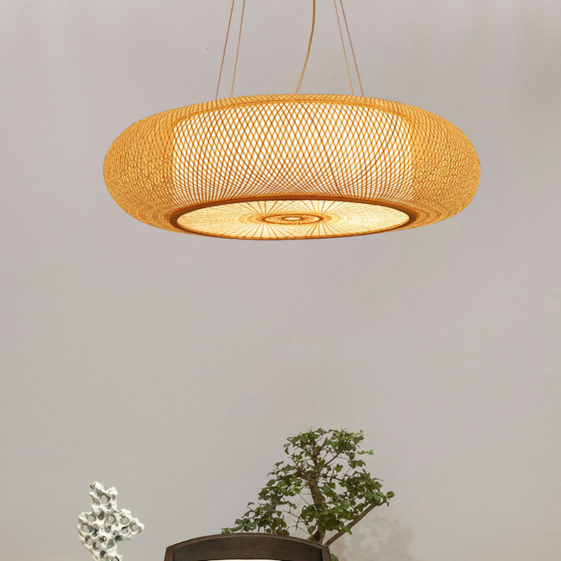 Rounded Drum Bamboo Pendant Lighting Fixture Modern Style Beige Hanging Light Fixture