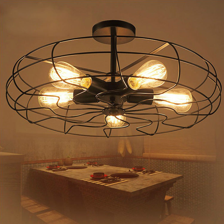 Industrial Vintage Circular Semi Flush Mount Wrought Iron Ceiling Fixture for Interior Spaces
