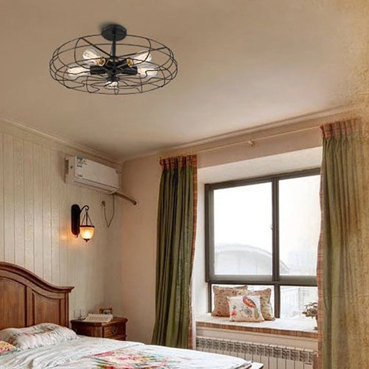 Industrial Vintage Circular Semi Flush Mount Wrought Iron Ceiling Fixture for Interior Spaces