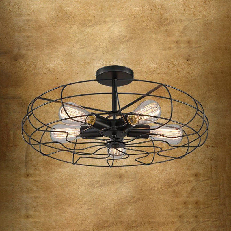 Industrial Vintage Circular Semi Flush Mount Wrought Iron Ceiling Fixture for Interior Spaces