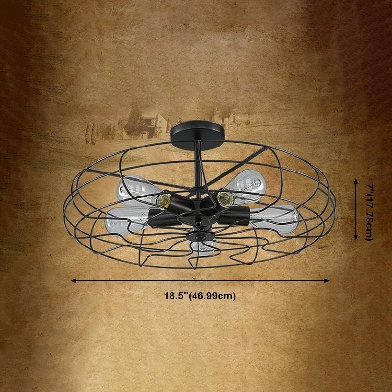 Industrial Vintage Circular Semi Flush Mount Wrought Iron Ceiling Fixture for Interior Spaces