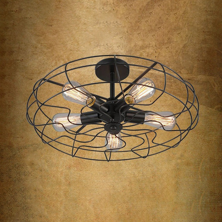 Industrial Vintage Circular Semi Flush Mount Wrought Iron Ceiling Fixture for Interior Spaces