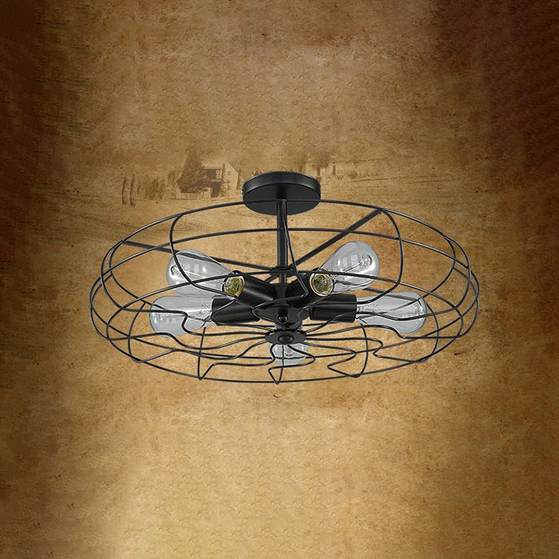 Industrial Vintage Circular Semi Flush Mount Wrought Iron Ceiling Fixture for Interior Spaces