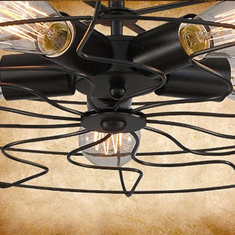 Industrial Vintage Circular Semi Flush Mount Wrought Iron Ceiling Fixture for Interior Spaces