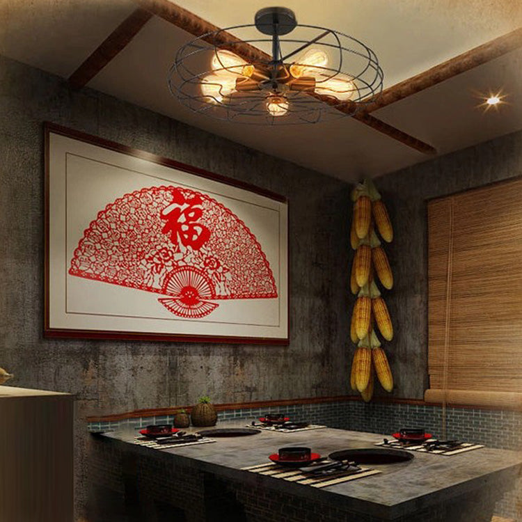 Industrial Vintage Circular Semi Flush Mount Wrought Iron Ceiling Fixture for Interior Spaces