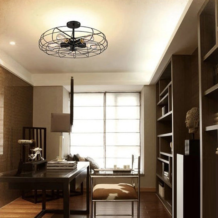 Industrial Vintage Circular Semi Flush Mount Wrought Iron Ceiling Fixture for Interior Spaces