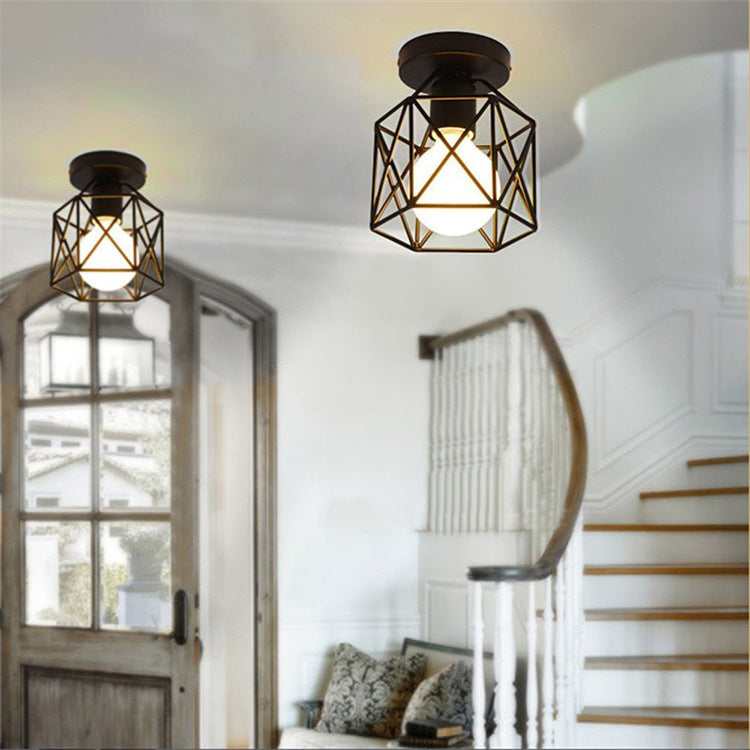 Industrial Concise Single Flush Mount Wrought Iron Geometric Ceiling Light for Corridor