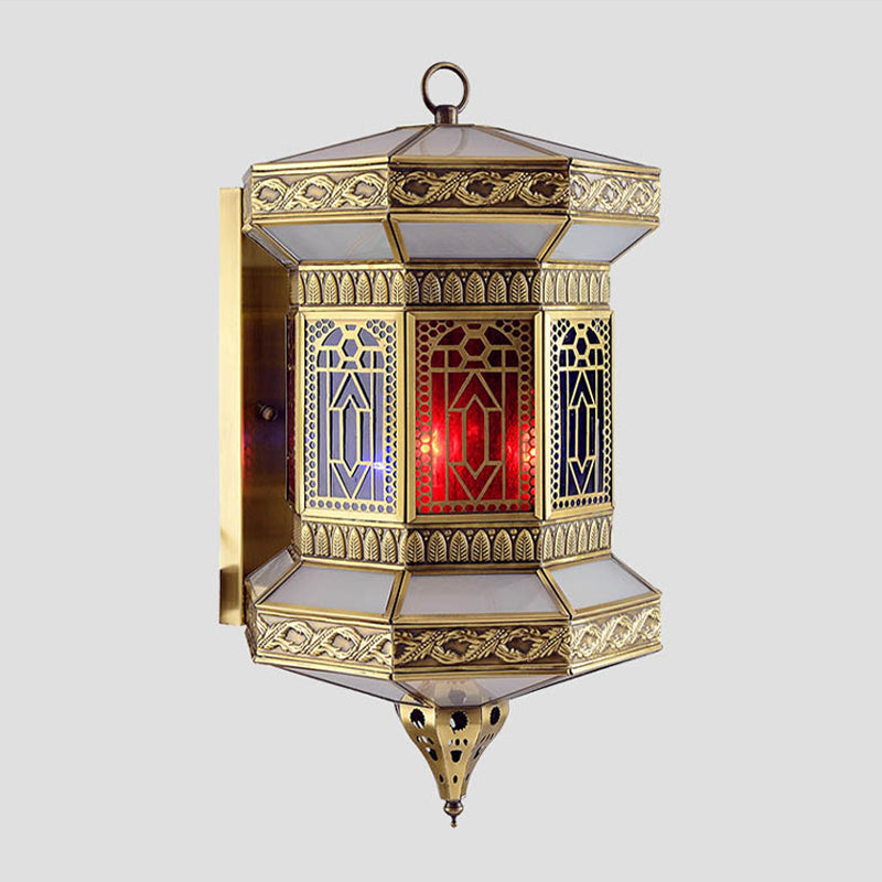 Brass 1-Light Wall Light Fixture Arab Metal Lantern Wall Sconce Lamp with Frosted Glass Shade