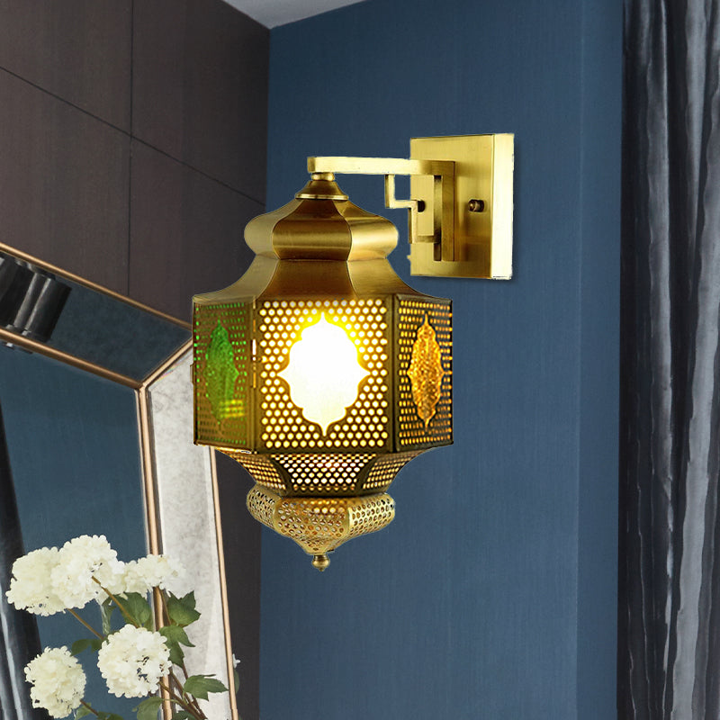 Arab Lantern Sconce Lighting 1 Head Metallic Wall Mount Lamp in Brass for Hallway