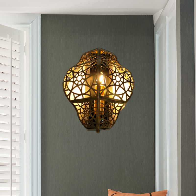Brass Hollow-Out Sconce Light Arab Metallic 1 Bulb Corner Wall Mount Lamp Fixture