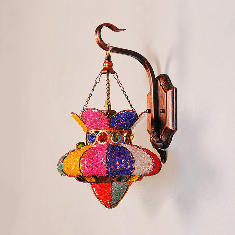 Lantern Restaurant Sconce Lamp Traditional Stained Glass 1 Head Copper Wall Lighting Fixture