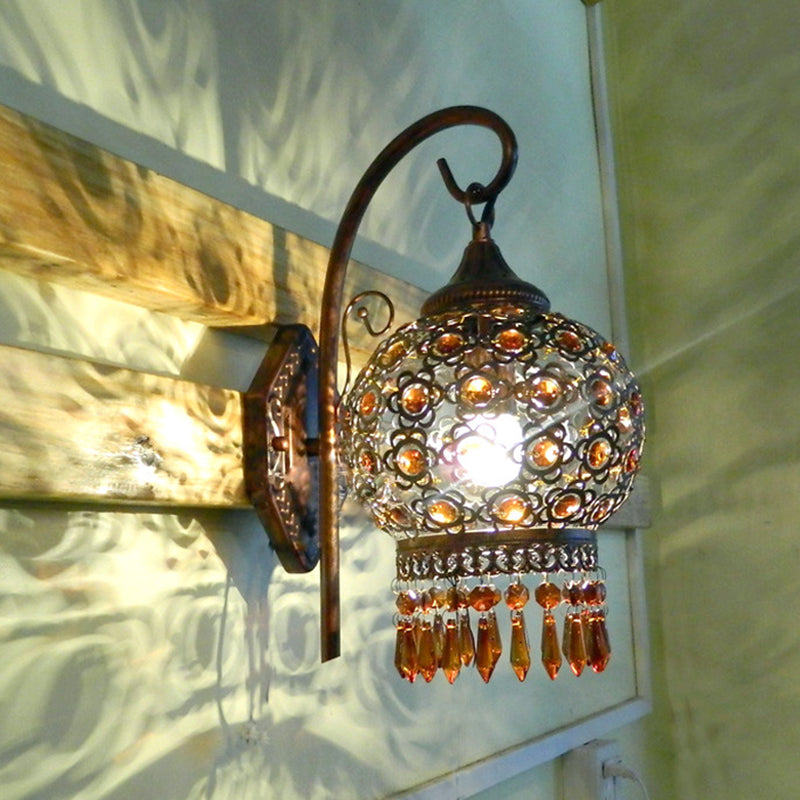 Rust 1 Bulb Sconce Light Bohemian Metal Global Wall Mount Lighting with Dangling Crystal for Bedroom