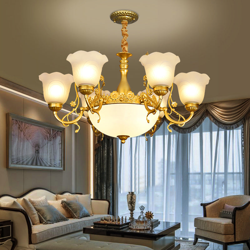 Flower Chandelier Lighting Fixtures Traditional Multi-Head Suspension Light with White Glass Shade