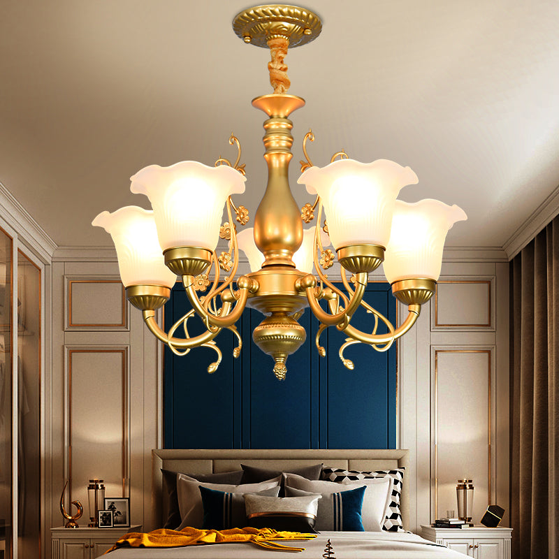 Flower Chandelier Lighting Fixtures Traditional Multi-Head Suspension Light with White Glass Shade