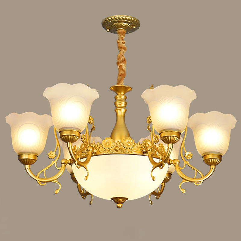 Flower Chandelier Lighting Fixtures Traditional Multi-Head Suspension Light with White Glass Shade