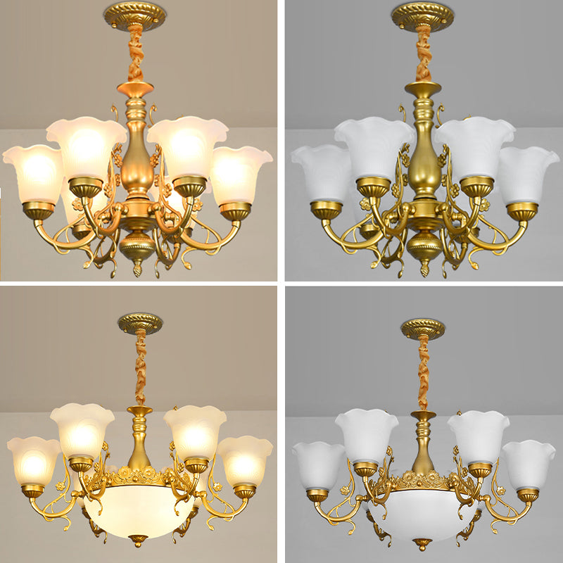 Flower Chandelier Lighting Fixtures Traditional Multi-Head Suspension Light with White Glass Shade