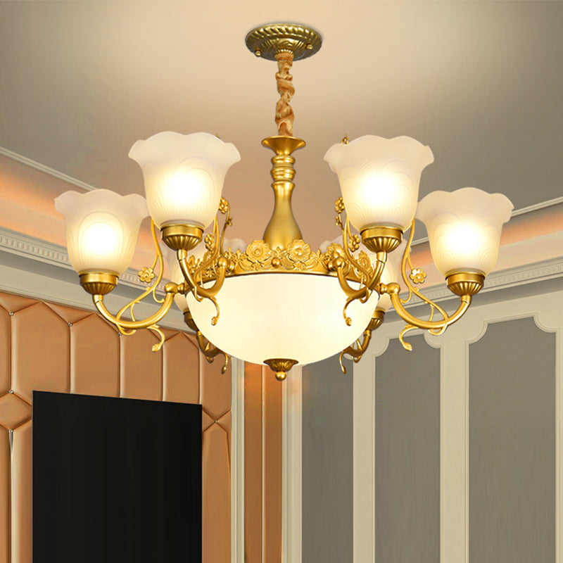 Flower Chandelier Lighting Fixtures Traditional Multi-Head Suspension Light with White Glass Shade