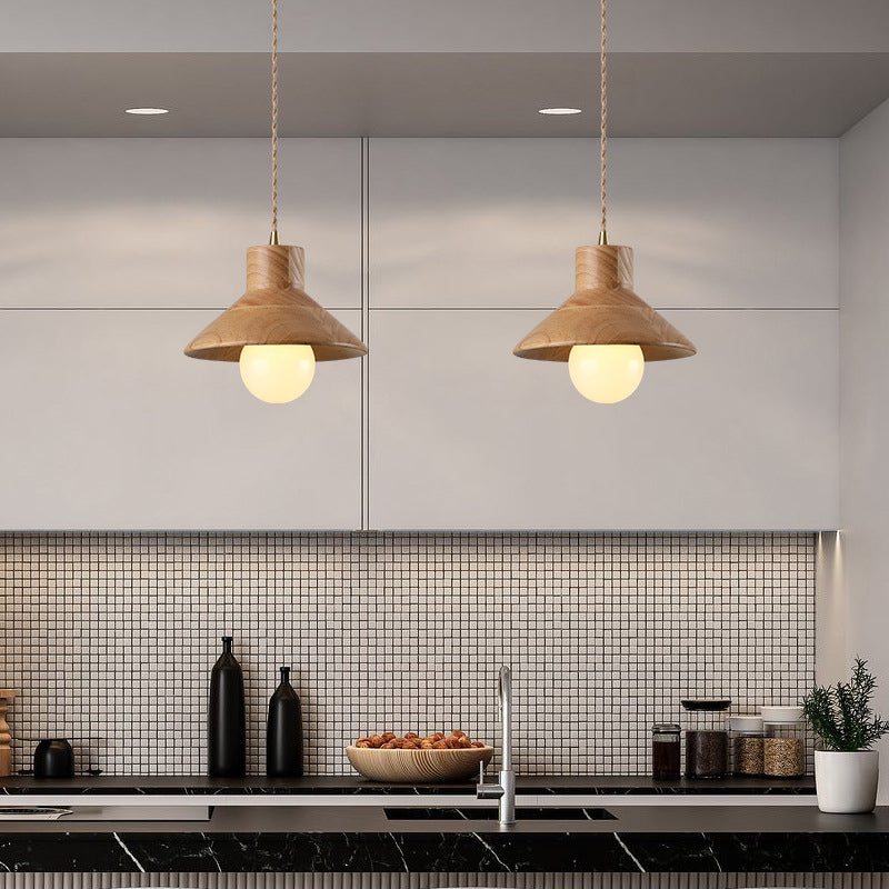 Wood Cone Pendant Lamp Contemporary Style Hanging Light for Dining Room