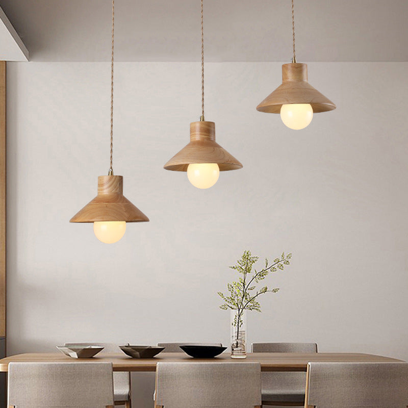Wood Cone Pendant Lamp Contemporary Style Hanging Light for Dining Room