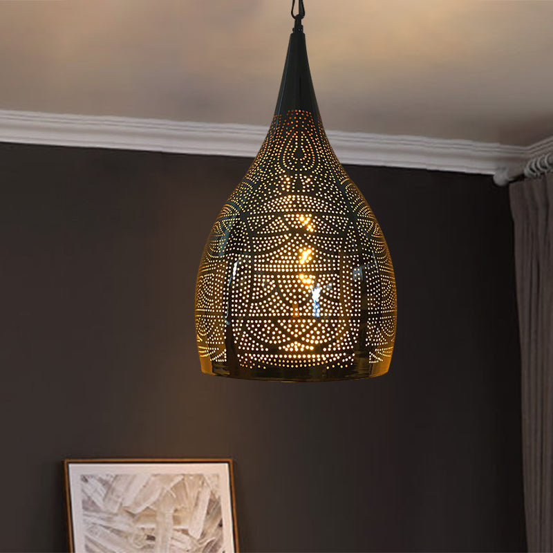 Urn Shape Metal Hanging Light Kit Arab 1-Head 9"/12" Wide Living Room Suspension Lamp in Black