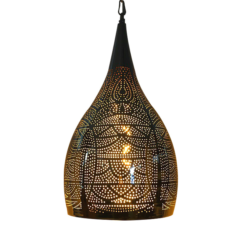 Urn Shape Metal Hanging Light Kit Arab 1-Head 9"/12" Wide Living Room Suspension Lamp in Black