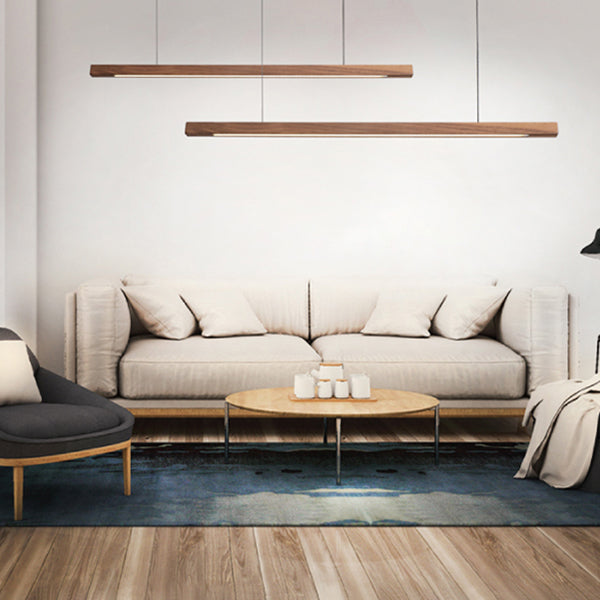 Minimalist 1 Light Wood Island Lamp Linear LED  Long Strip Hanging Light