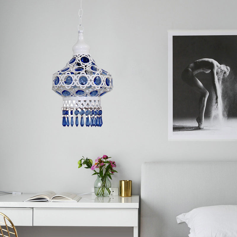 Lantern Metal Ceiling Pendant Bohemian 1 Light Living Room Hanging Ceiling Light in White/Blue