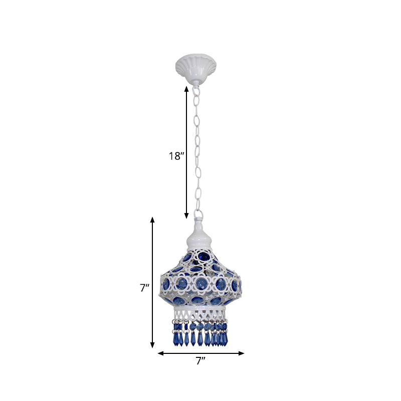 Lantern Metal Ceiling Pendant Bohemian 1 Light Living Room Hanging Ceiling Light in White/Blue