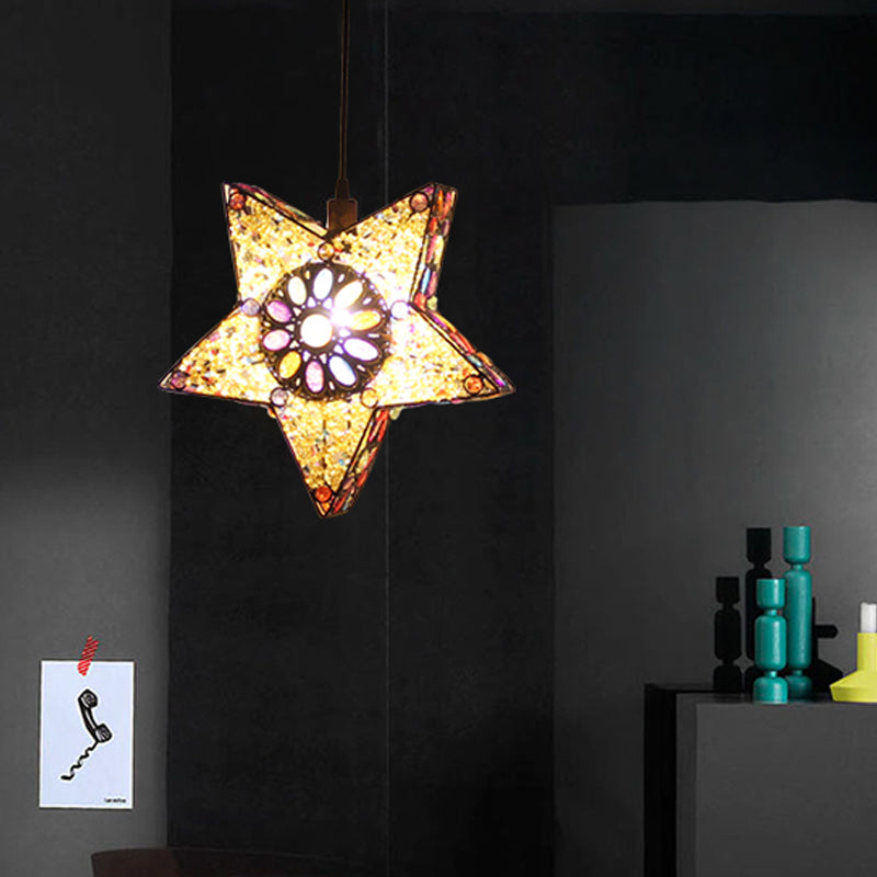Metal Pentagram Pendant Ceiling Light Art Deco 1 Head Dining Room Drop Lamp in Black/Red/Yellow