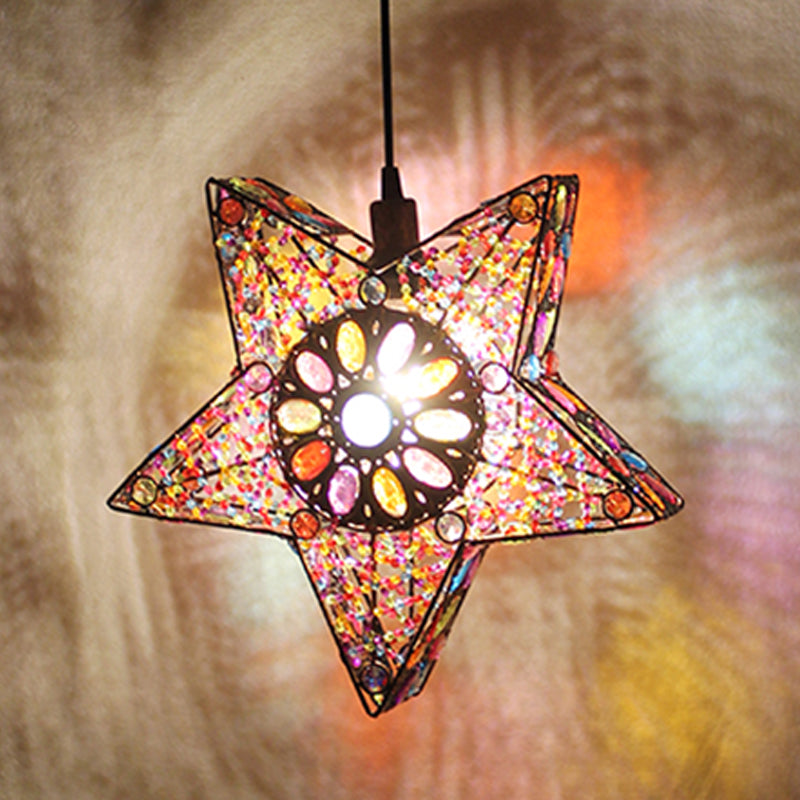 Metal Pentagram Pendant Ceiling Light Art Deco 1 Head Dining Room Drop Lamp in Black/Red/Yellow