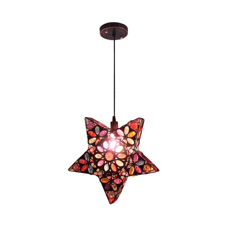 Metal Pentagram Pendant Ceiling Light Art Deco 1 Head Dining Room Drop Lamp in Black/Red/Yellow