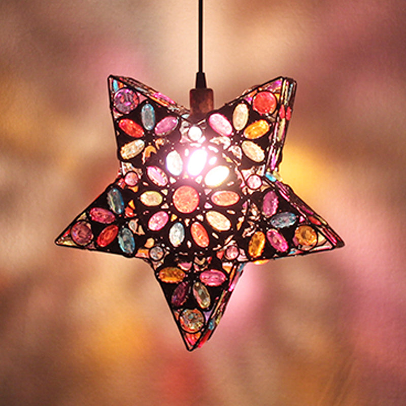 Metal Pentagram Pendant Ceiling Light Art Deco 1 Head Dining Room Drop Lamp in Black/Red/Yellow