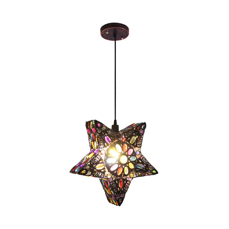 Metal Pentagram Pendant Ceiling Light Art Deco 1 Head Dining Room Drop Lamp in Black/Red/Yellow