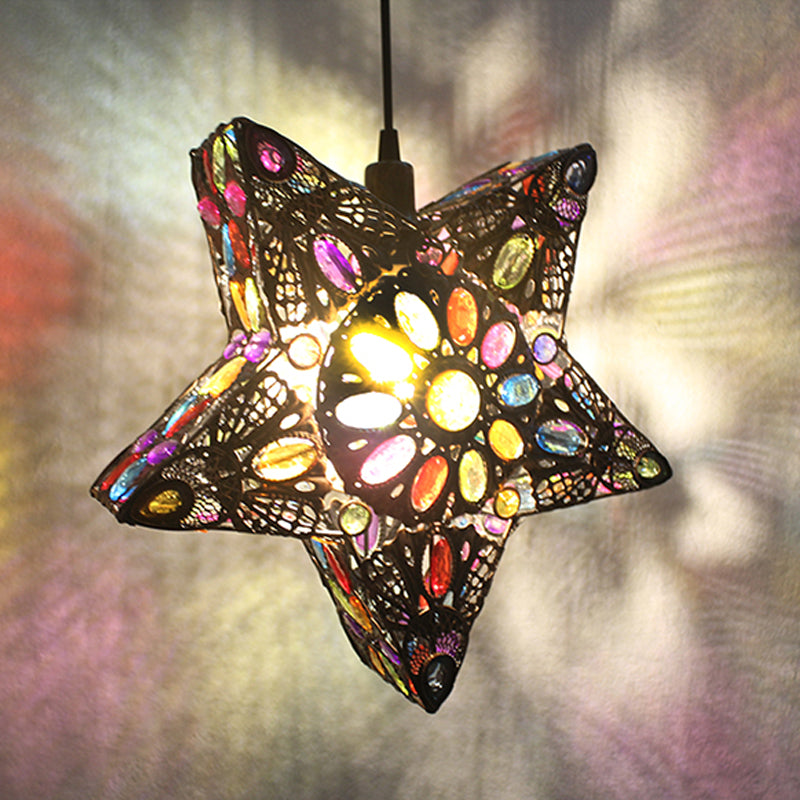 Metal Pentagram Pendant Ceiling Light Art Deco 1 Head Dining Room Drop Lamp in Black/Red/Yellow