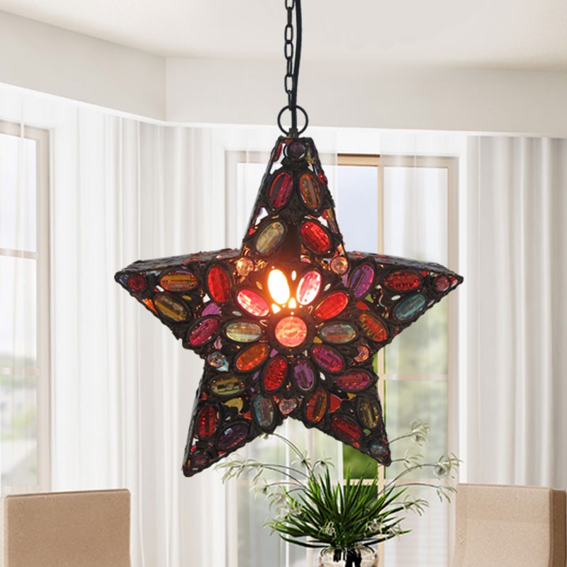 Metal Pentagram Pendant Ceiling Light Bohemian 1 Head Living Room Drop Lamp in Red